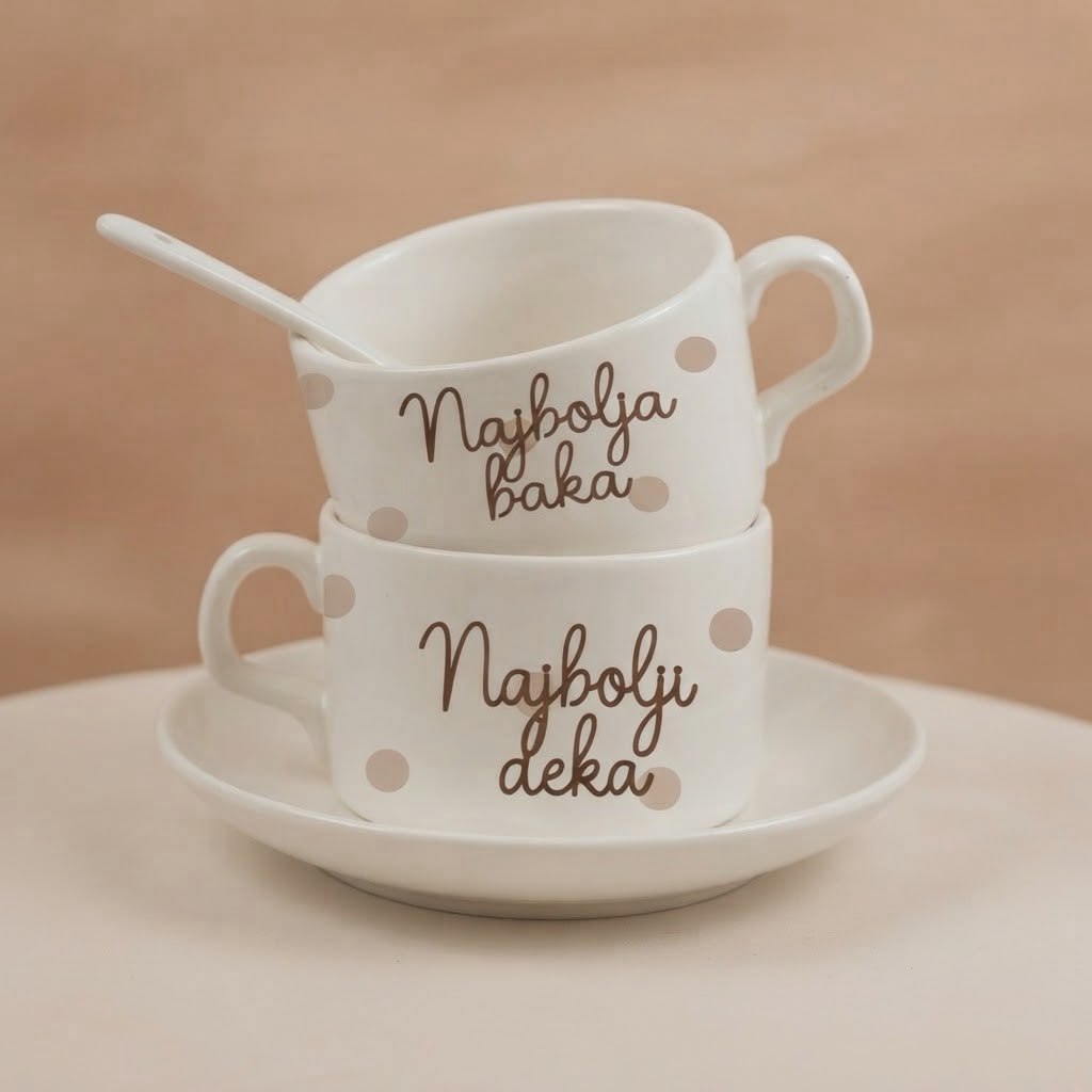 Dve bele šolje sa tackastim dizajnom, natpisi Najbolja baka i Najbolji deka
